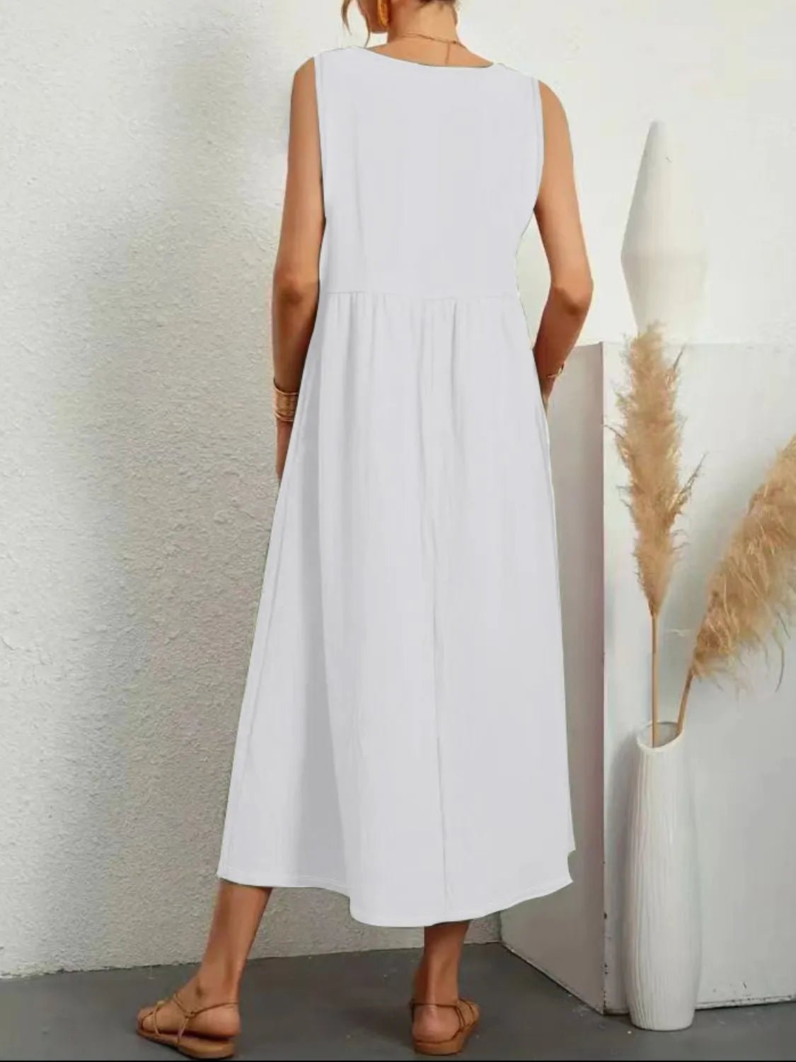 Full Size Pocketed V - Neck Sleeveless Midi Dress Plus Size - MAD RUFFI