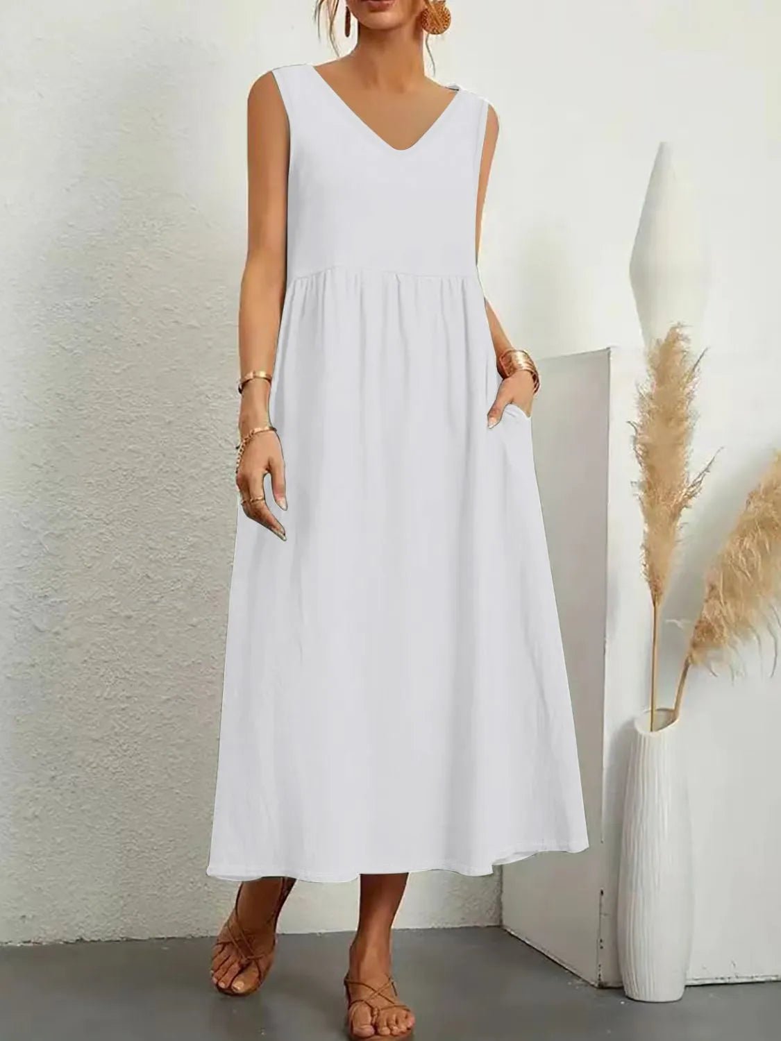 Full Size Pocketed V - Neck Sleeveless Midi Dress Plus Size - MAD RUFFI