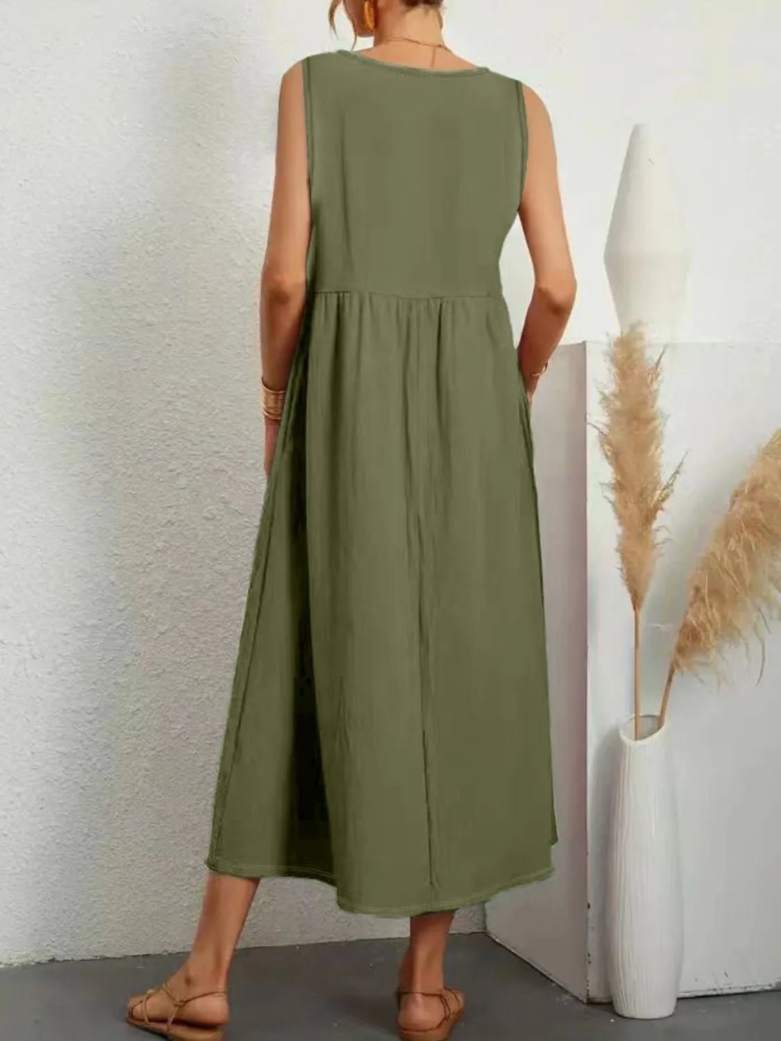 Full Size Pocketed V - Neck Sleeveless Midi Dress Plus Size - MAD RUFFI