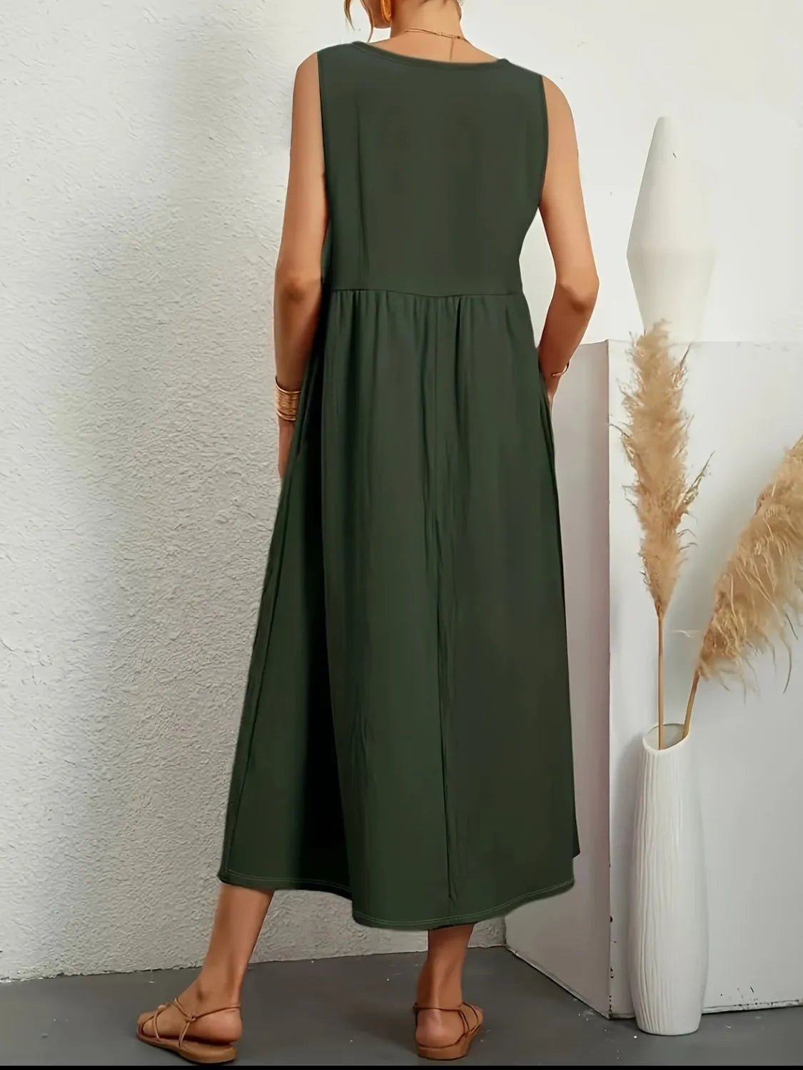 Full Size Pocketed V - Neck Sleeveless Midi Dress Plus Size - MAD RUFFI