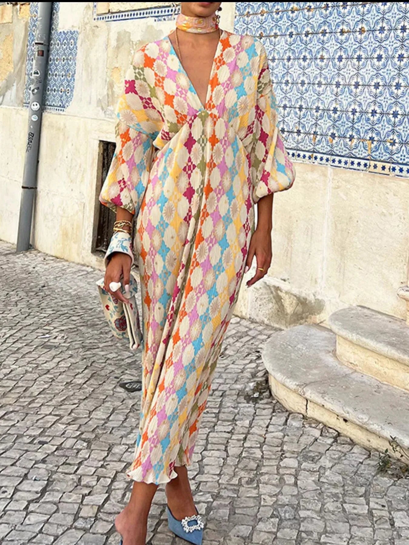 Full Size Printed Deep V - Neck Dress Plus Size - MAD RUFFI