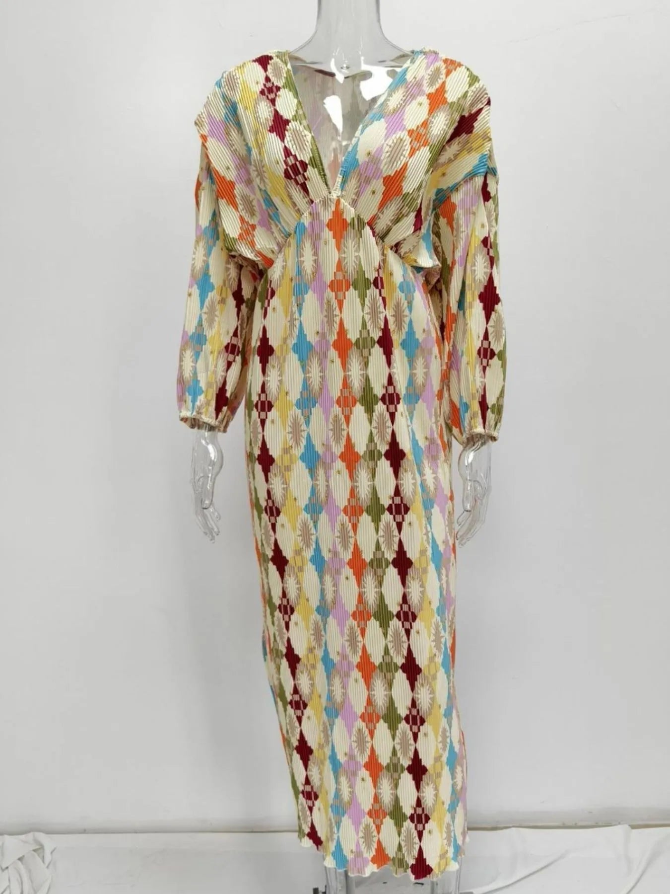 Full Size Printed Deep V - Neck Dress Plus Size - MAD RUFFI