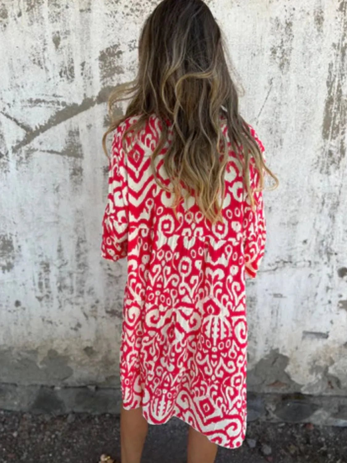 Full Size Printed Notched Half Sleeve Dress Plus Size - MAD RUFFI