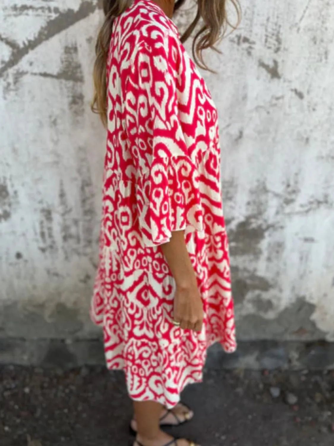 Full Size Printed Notched Half Sleeve Dress Plus Size - MAD RUFFI