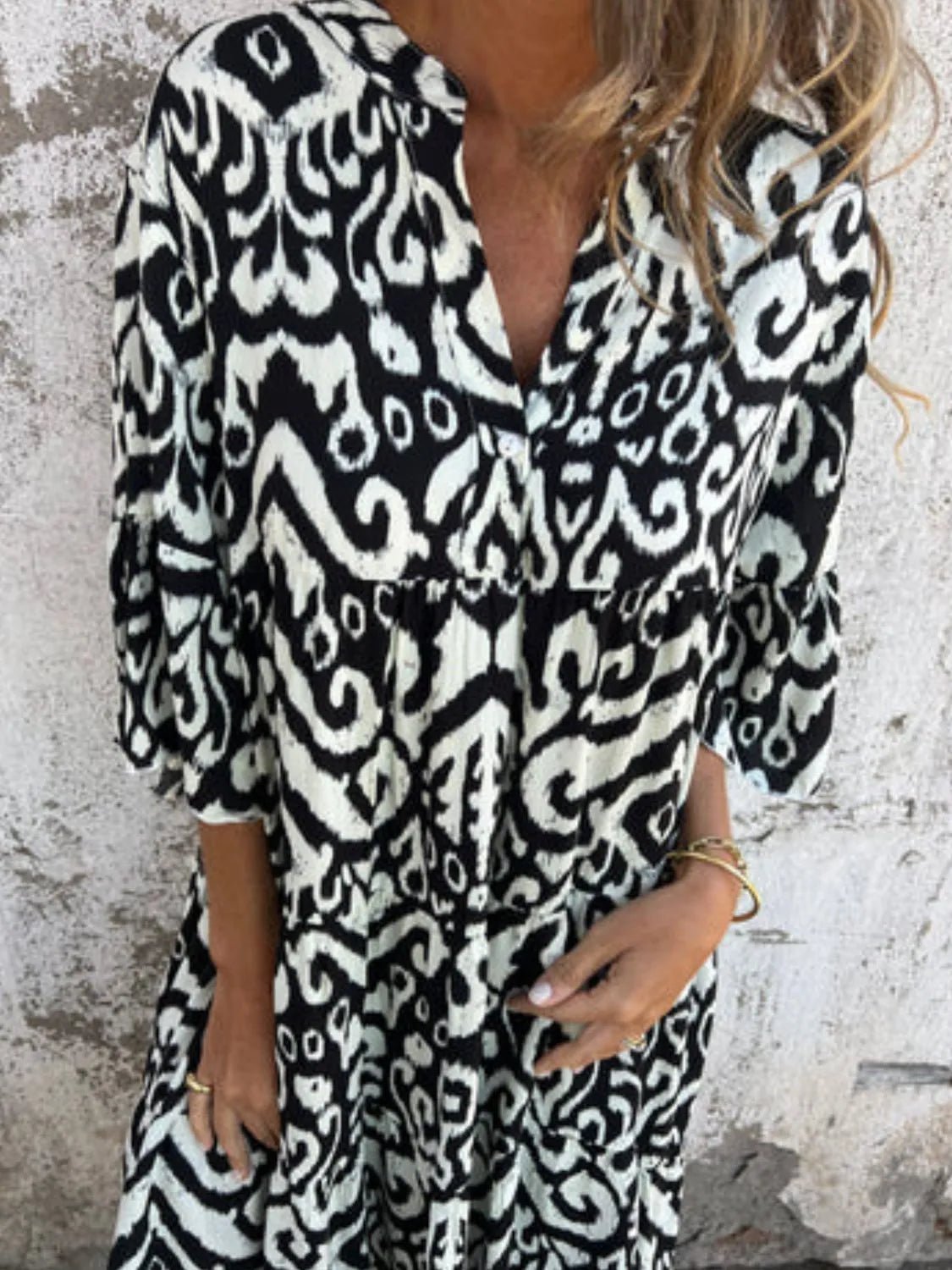 Full Size Printed Notched Half Sleeve Dress Plus Size - MAD RUFFI