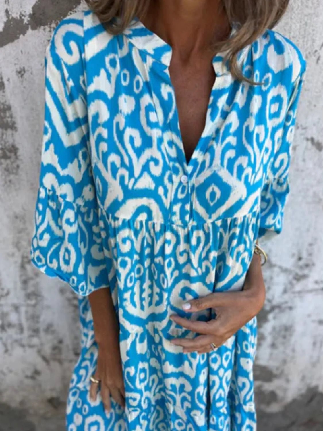 Full Size Printed Notched Half Sleeve Dress Plus Size - MAD RUFFI