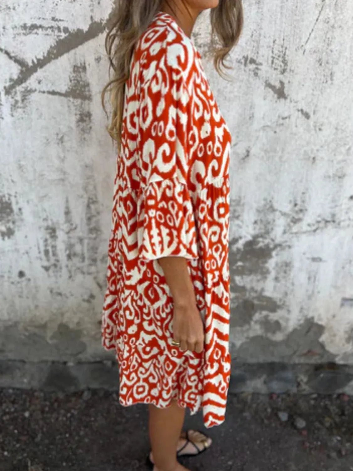 Full Size Printed Notched Half Sleeve Dress Plus Size - MAD RUFFI