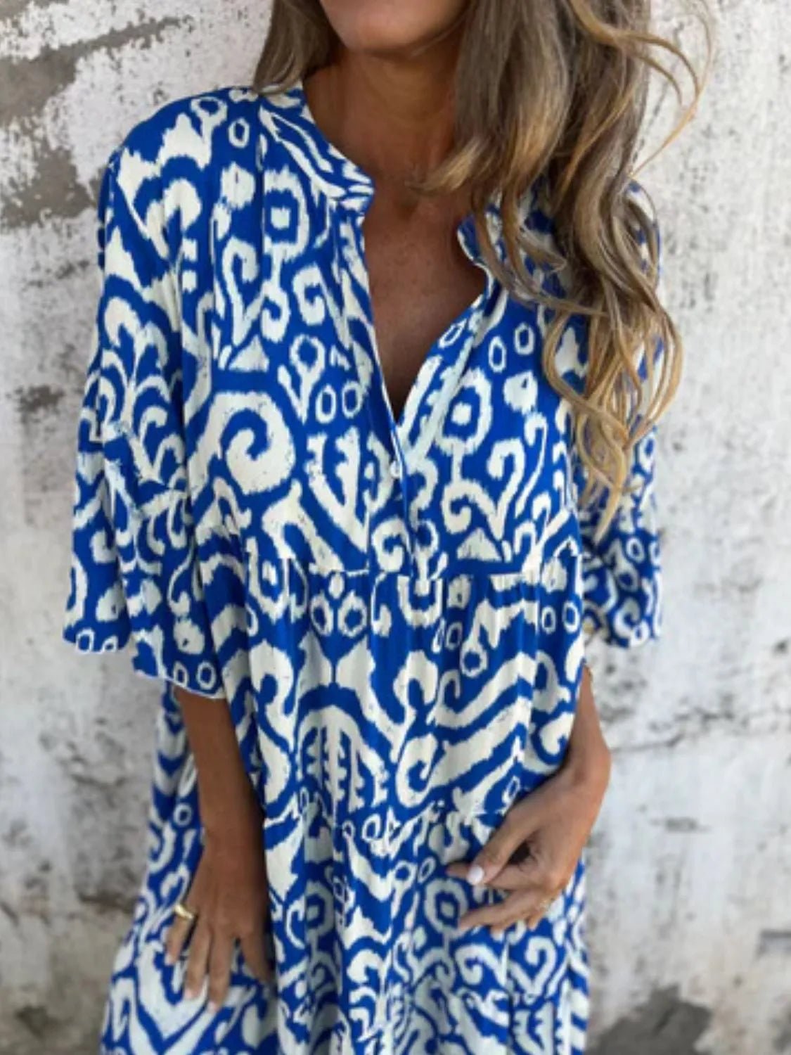 Full Size Printed Notched Half Sleeve Dress Plus Size - MAD RUFFI