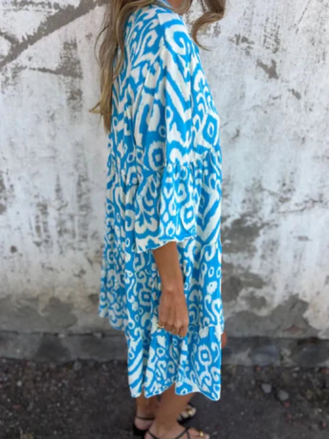 Full Size Printed Notched Half Sleeve Dress Plus Size - MAD RUFFI