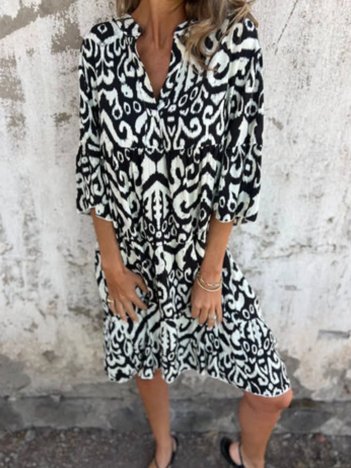 Full Size Printed Notched Half Sleeve Dress Plus Size - MAD RUFFI