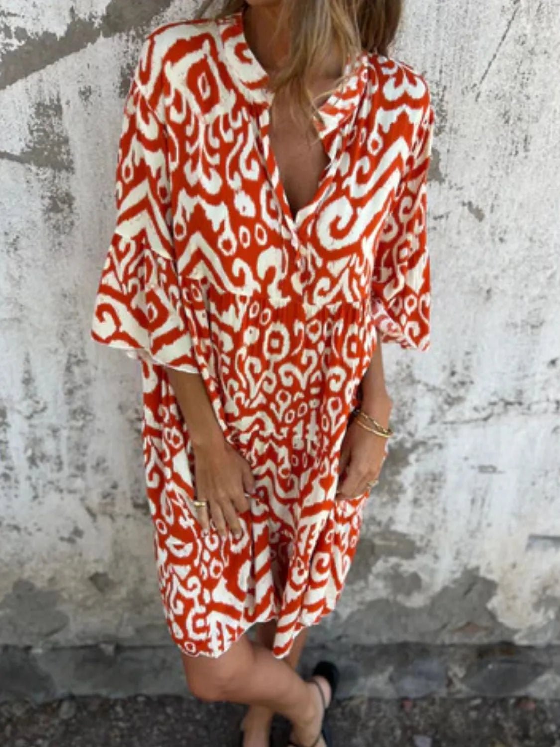 Full Size Printed Notched Half Sleeve Dress Plus Size - MAD RUFFI