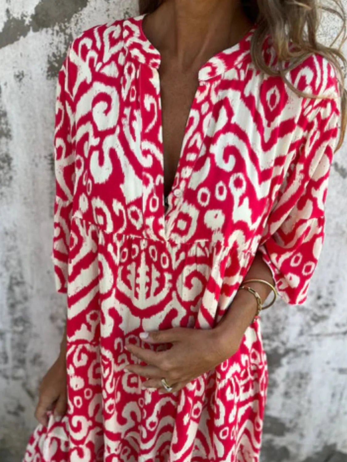 Full Size Printed Notched Half Sleeve Dress Plus Size - MAD RUFFI