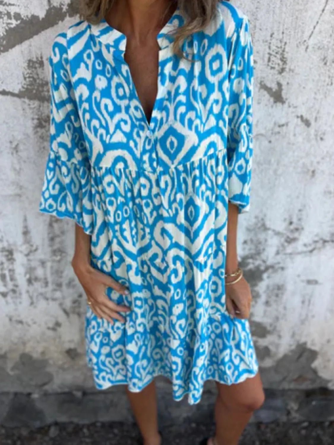 Full Size Printed Notched Half Sleeve Dress Plus Size - MAD RUFFI