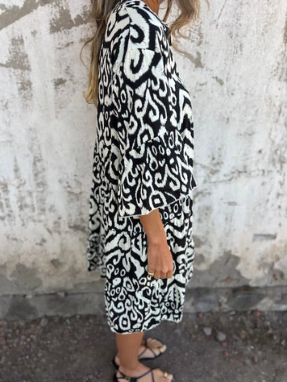 Full Size Printed Notched Half Sleeve Dress Plus Size - MAD RUFFI