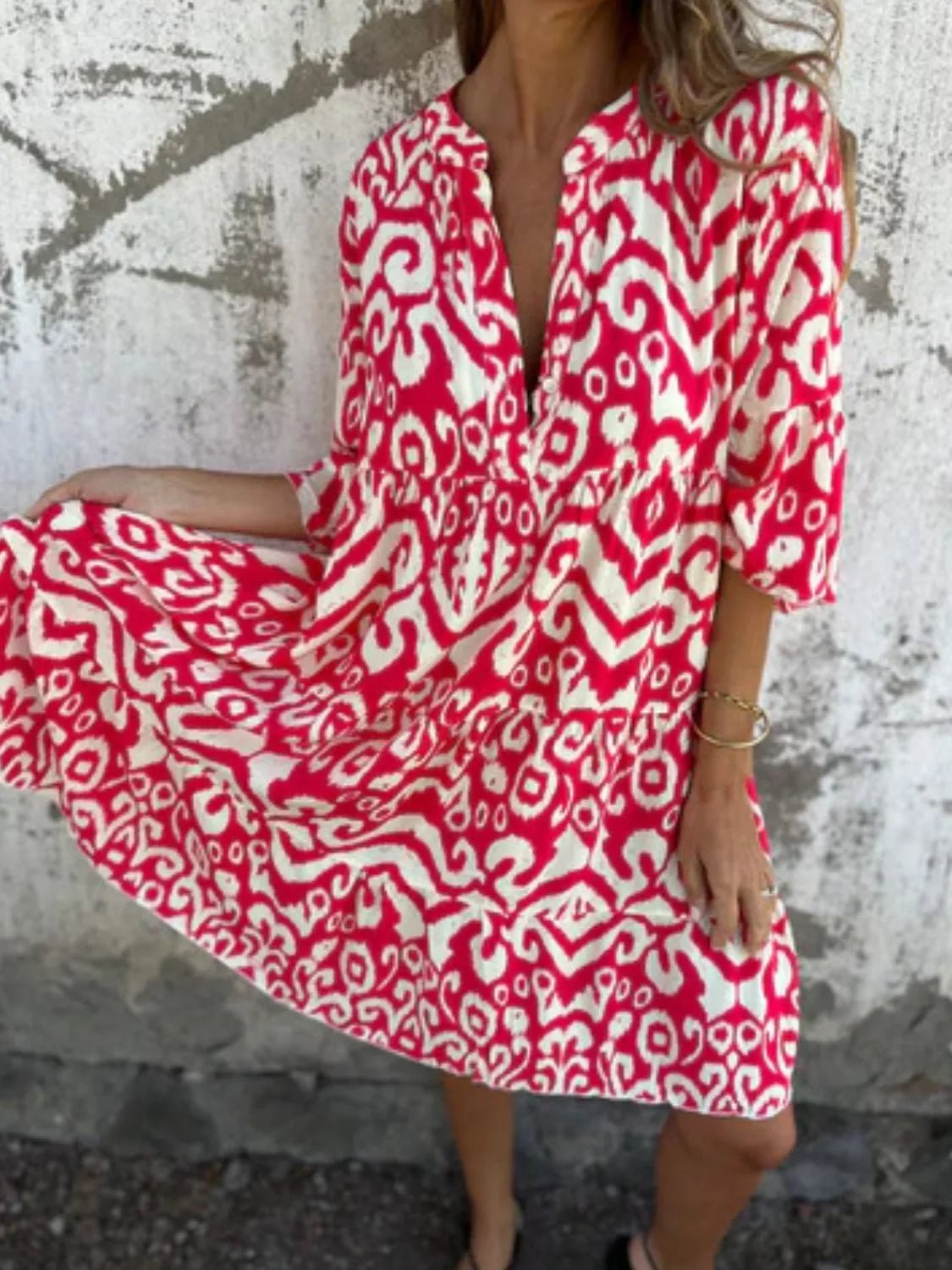 Full Size Printed Notched Half Sleeve Dress Plus Size - MAD RUFFI