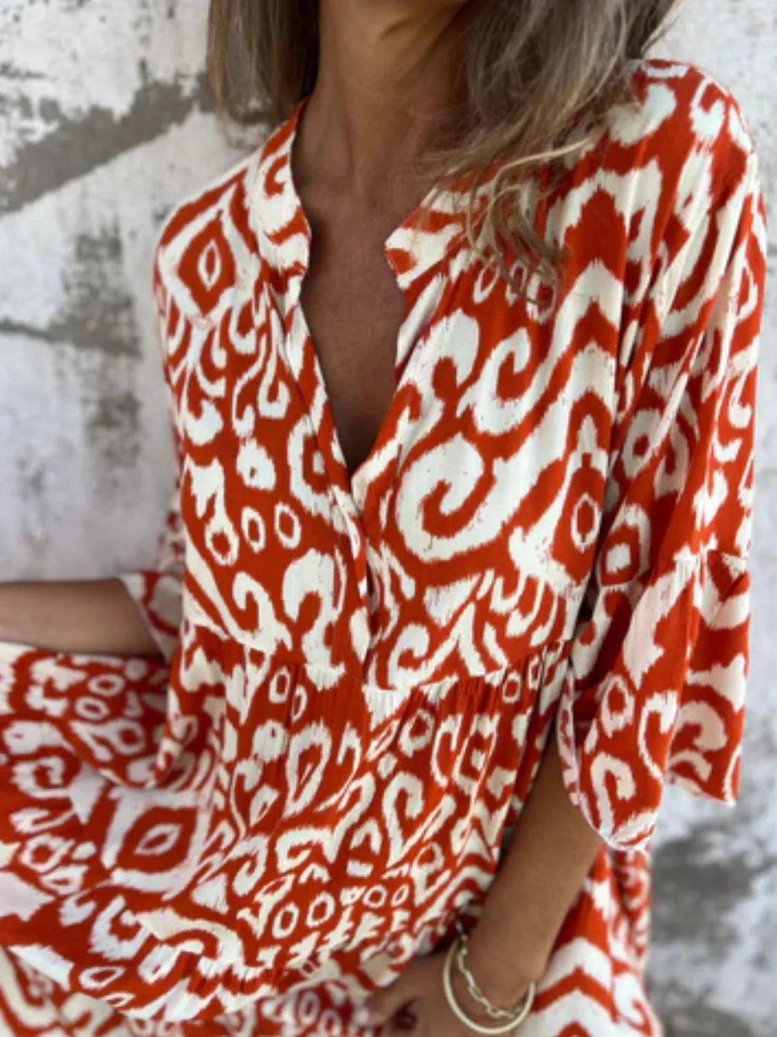 Full Size Printed Notched Half Sleeve Dress Plus Size - MAD RUFFI