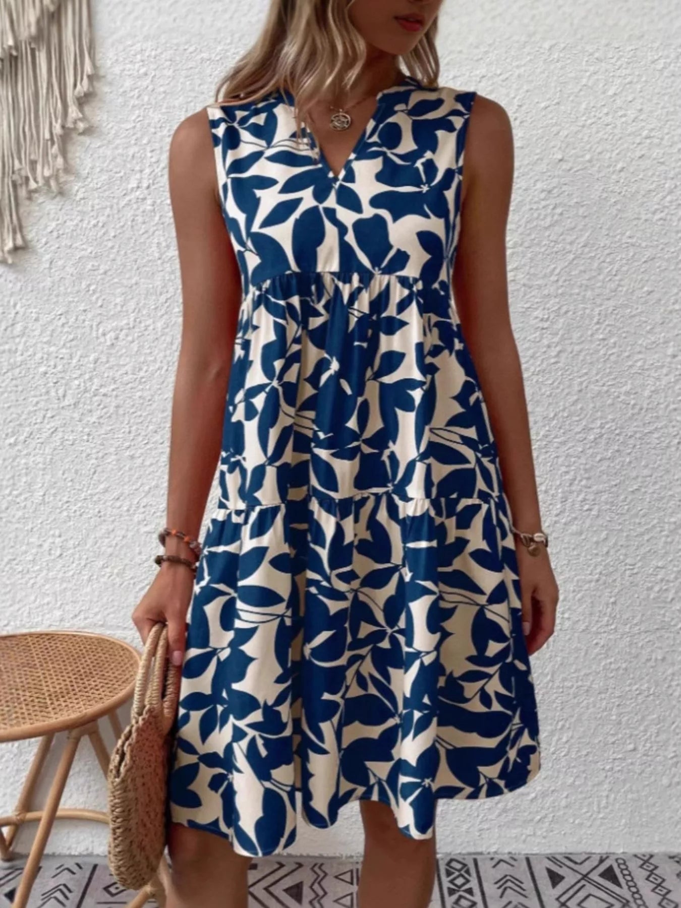 Full Size Printed Notched Sleeveless Mini Dress Plus Size - MAD RUFFI