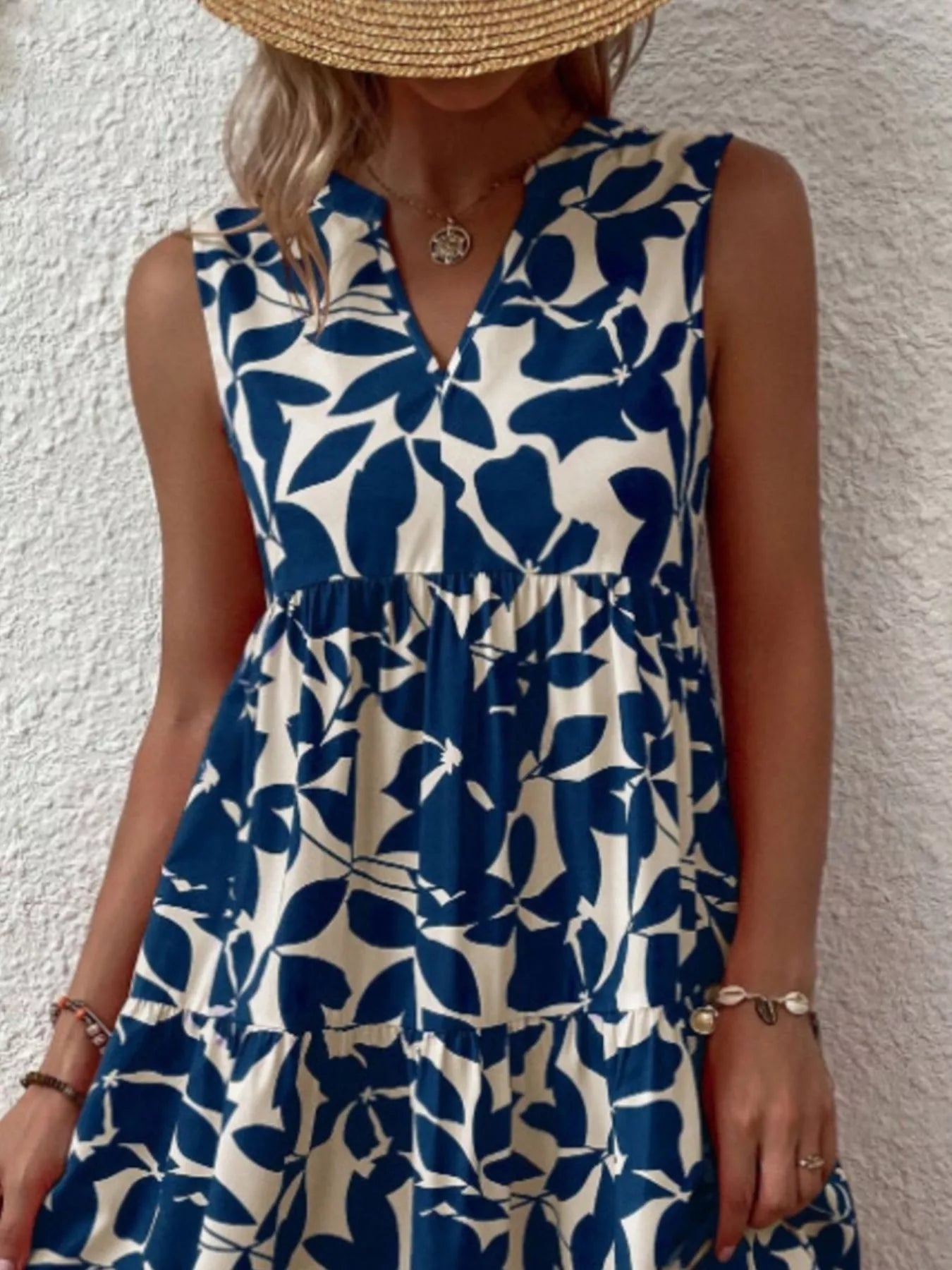 Full Size Printed Notched Sleeveless Mini Dress Plus Size - MAD RUFFI