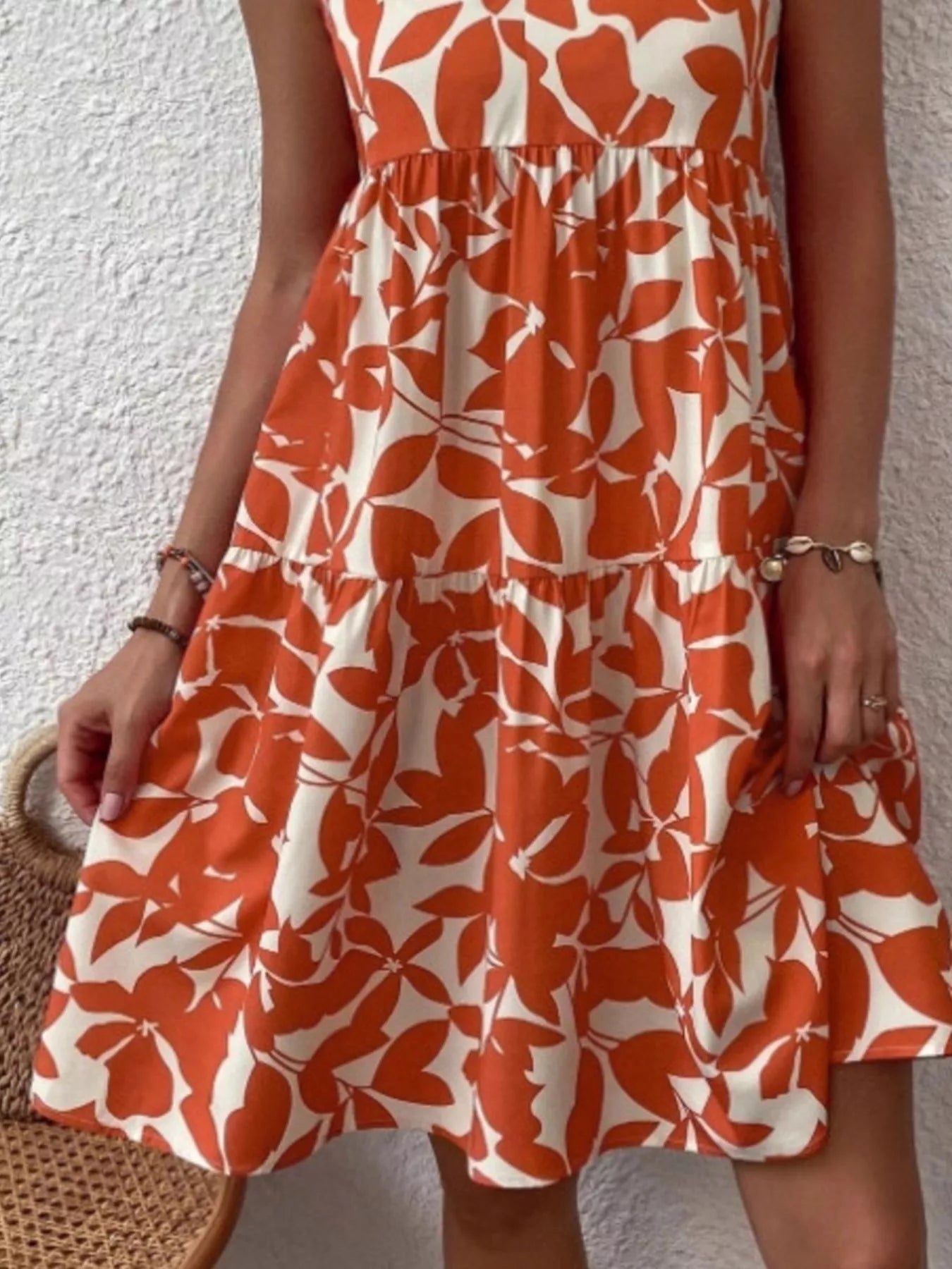 Full Size Printed Notched Sleeveless Mini Dress Plus Size - MAD RUFFI