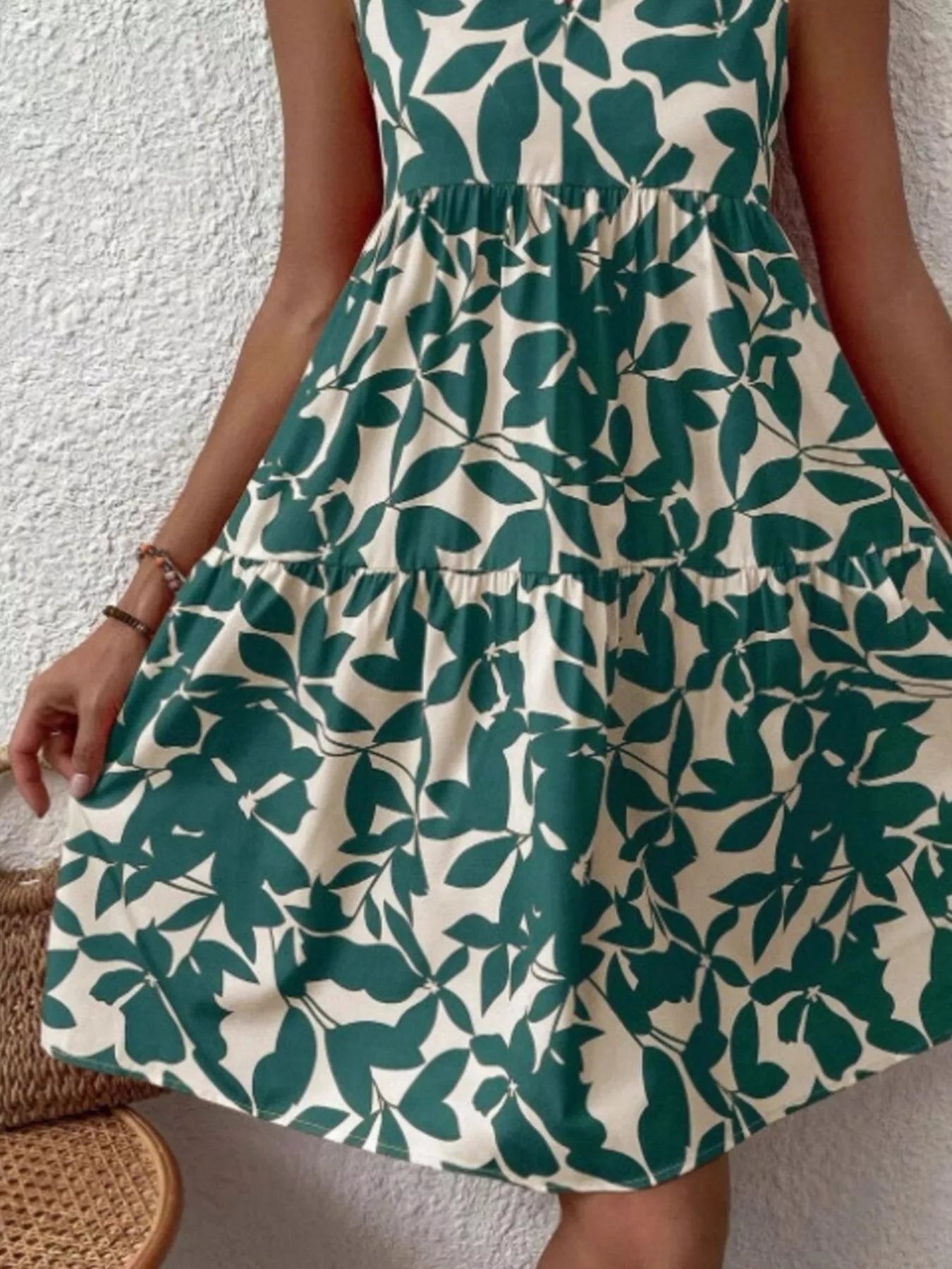 Full Size Printed Notched Sleeveless Mini Dress Plus Size - MAD RUFFI