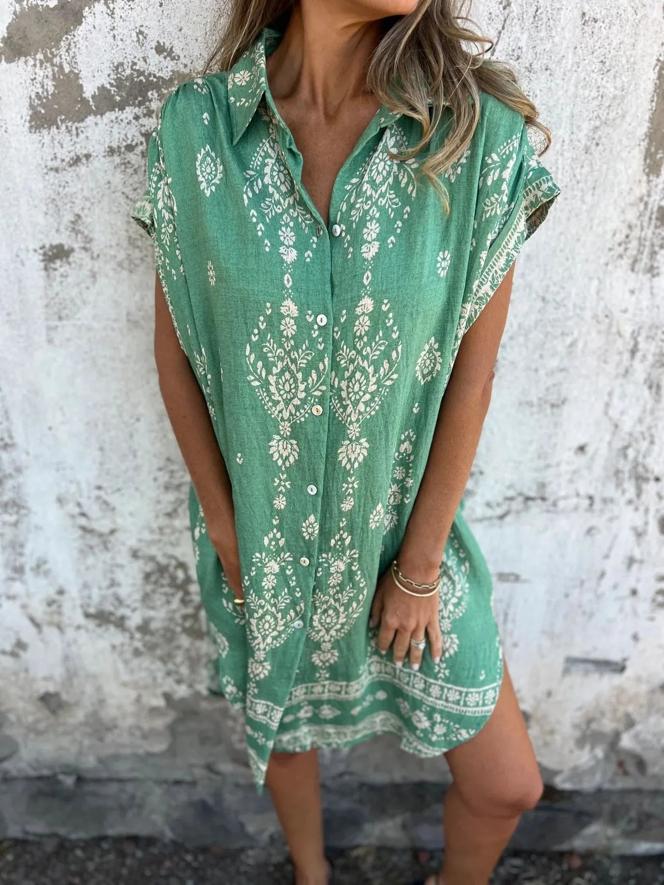 Full Size Printed Short Sleeve Button - Up Shirt Dress Plus Size - MAD RUFFI