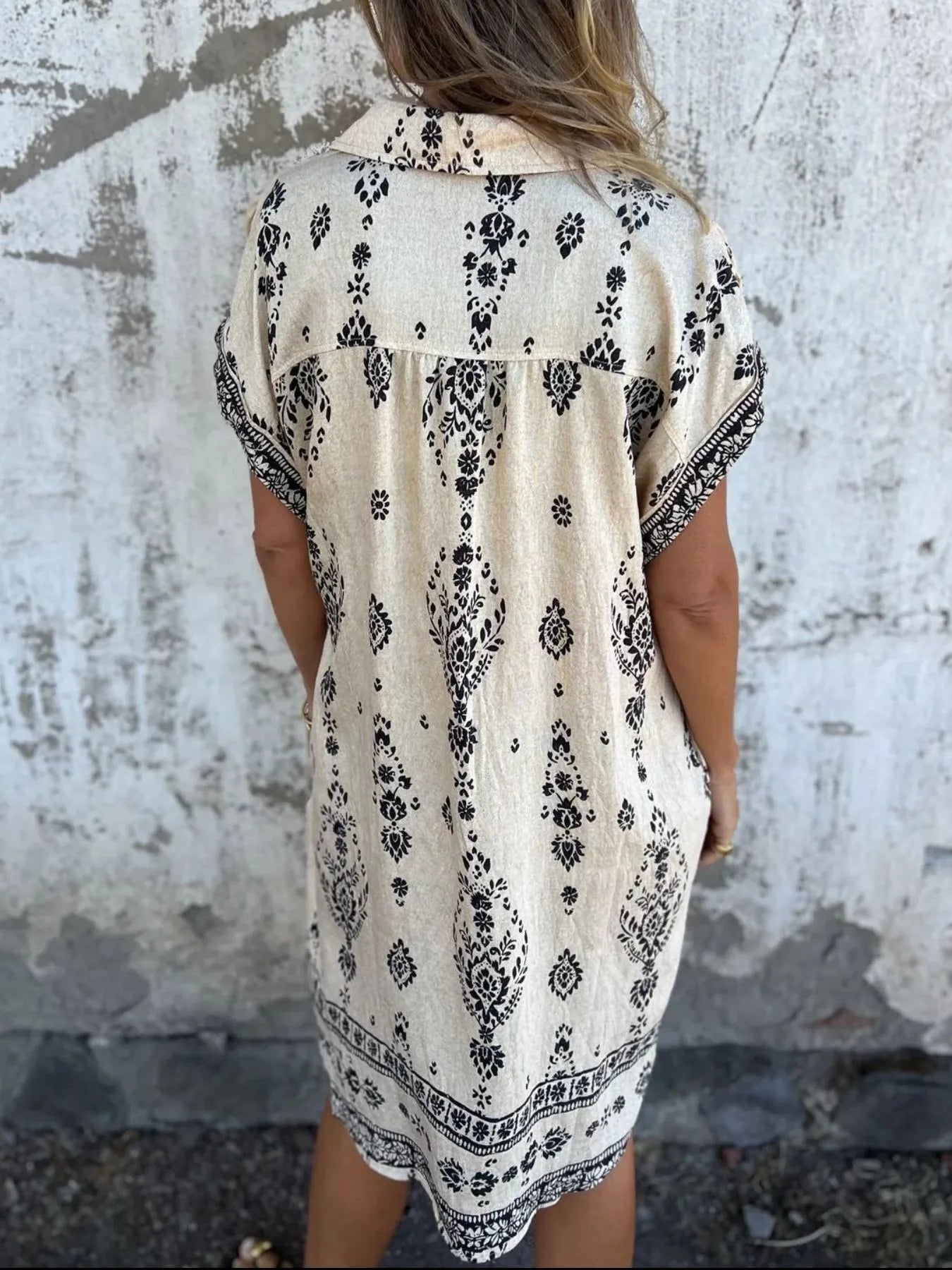 Full Size Printed Short Sleeve Button - Up Shirt Dress Plus Size - MAD RUFFI