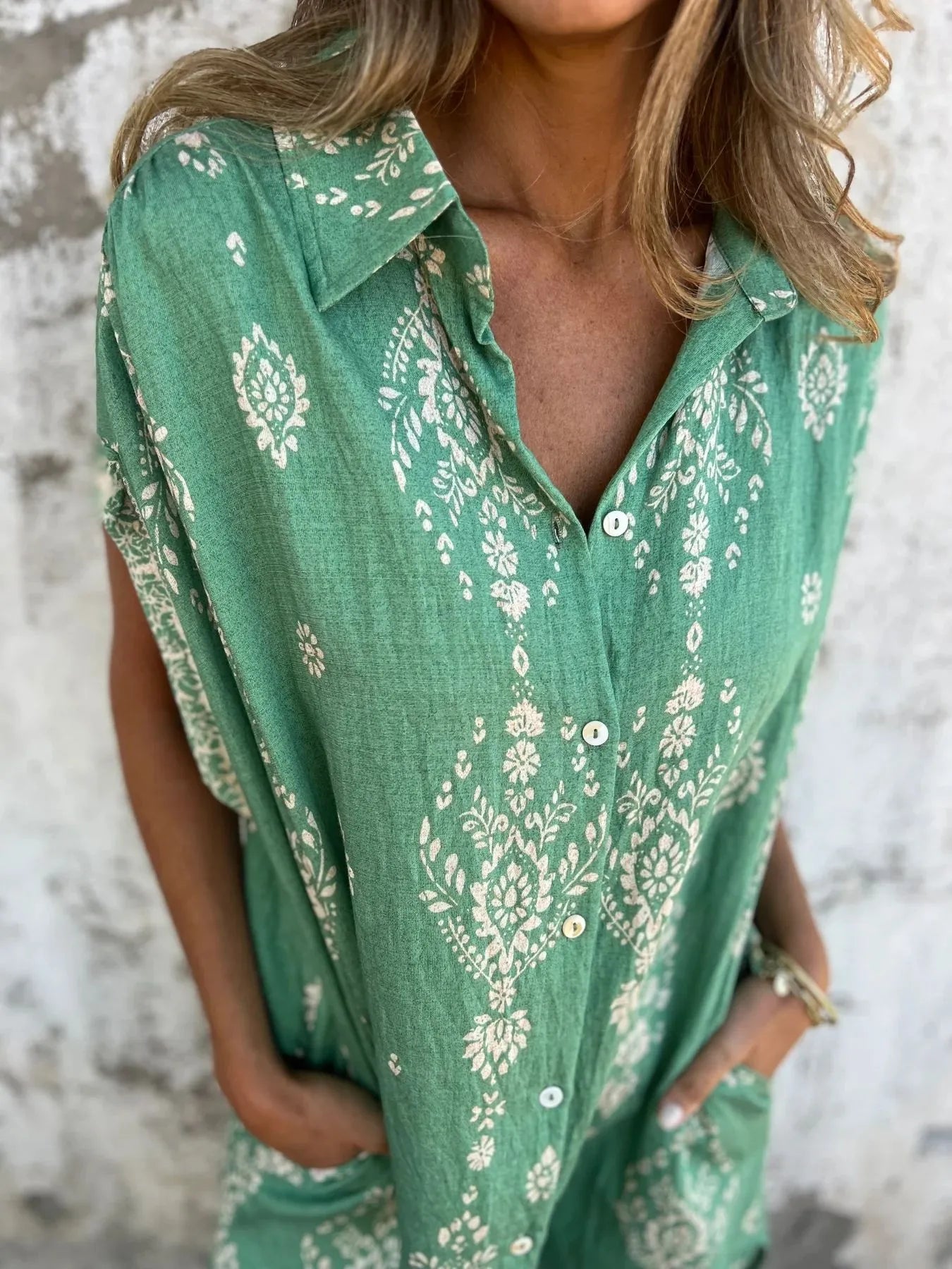 Full Size Printed Short Sleeve Button - Up Shirt Dress Plus Size - MAD RUFFI