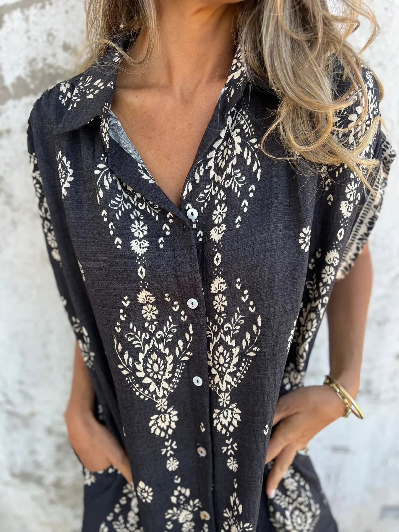 Full Size Printed Short Sleeve Button - Up Shirt Dress Plus Size - MAD RUFFI