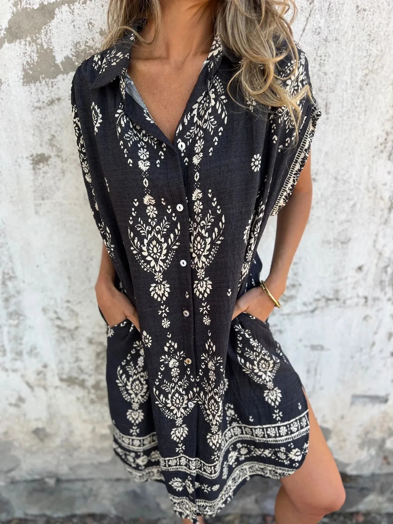 Full Size Printed Short Sleeve Button - Up Shirt Dress Plus Size - MAD RUFFI