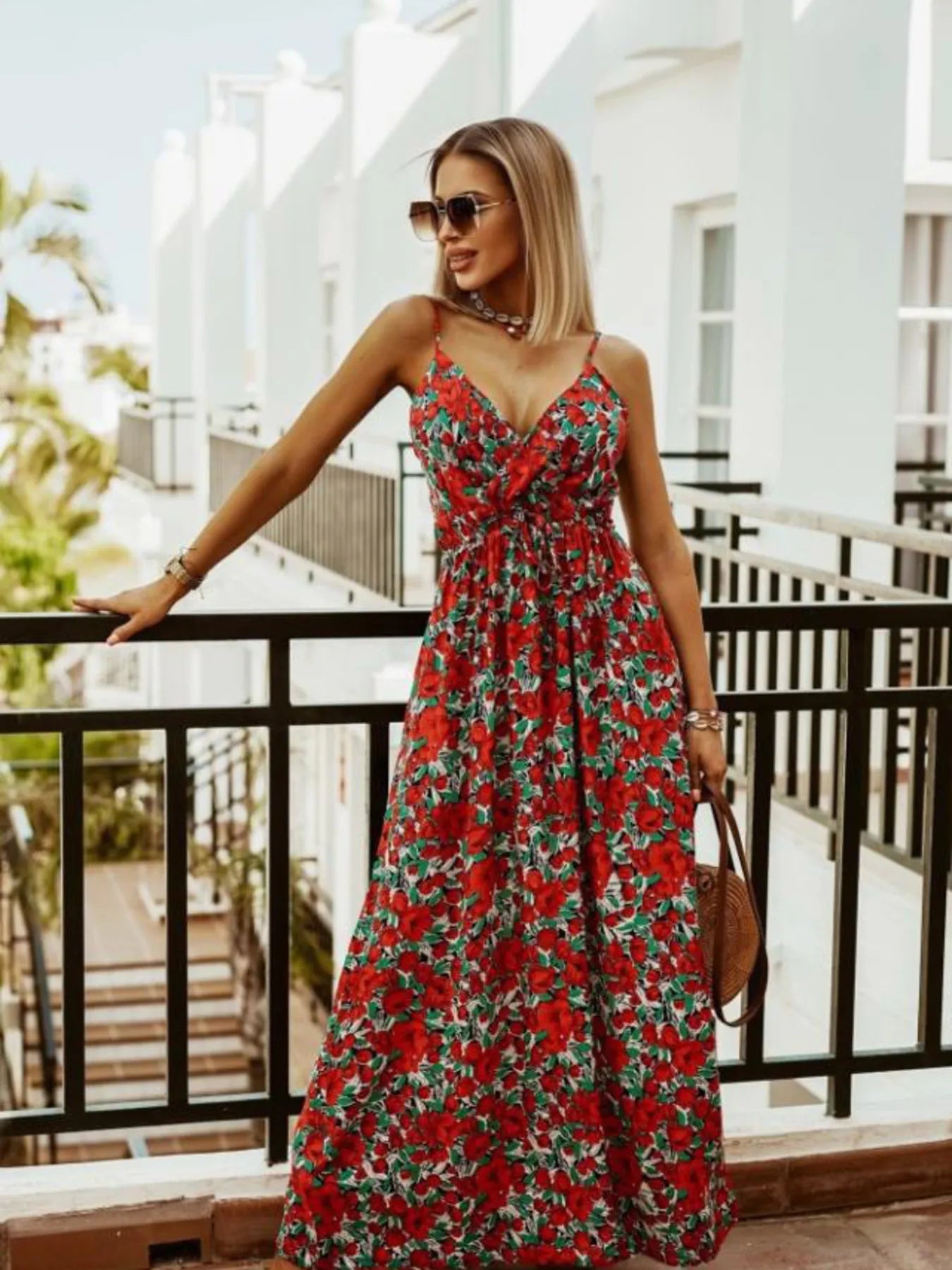 Full Size Printed Surplice Summer Cami Dress Plus Size - MAD RUFFI