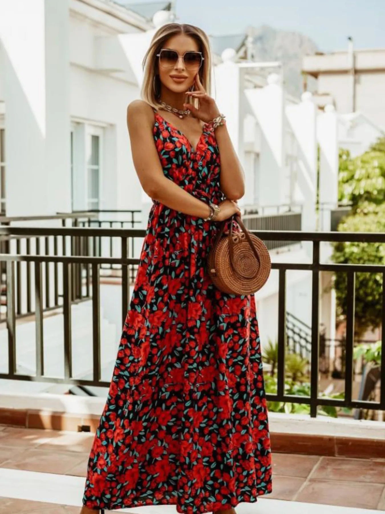 Full Size Printed Surplice Summer Cami Dress Plus Size - MAD RUFFI