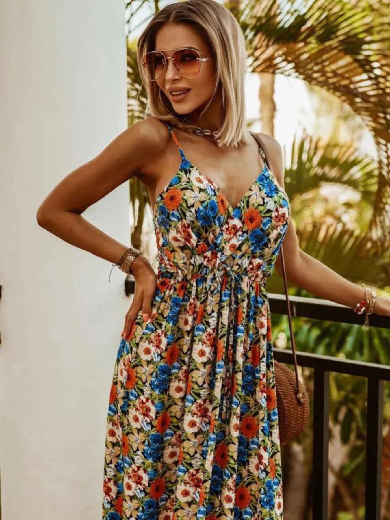 Full Size Printed Surplice Summer Cami Dress Plus Size - MAD RUFFI