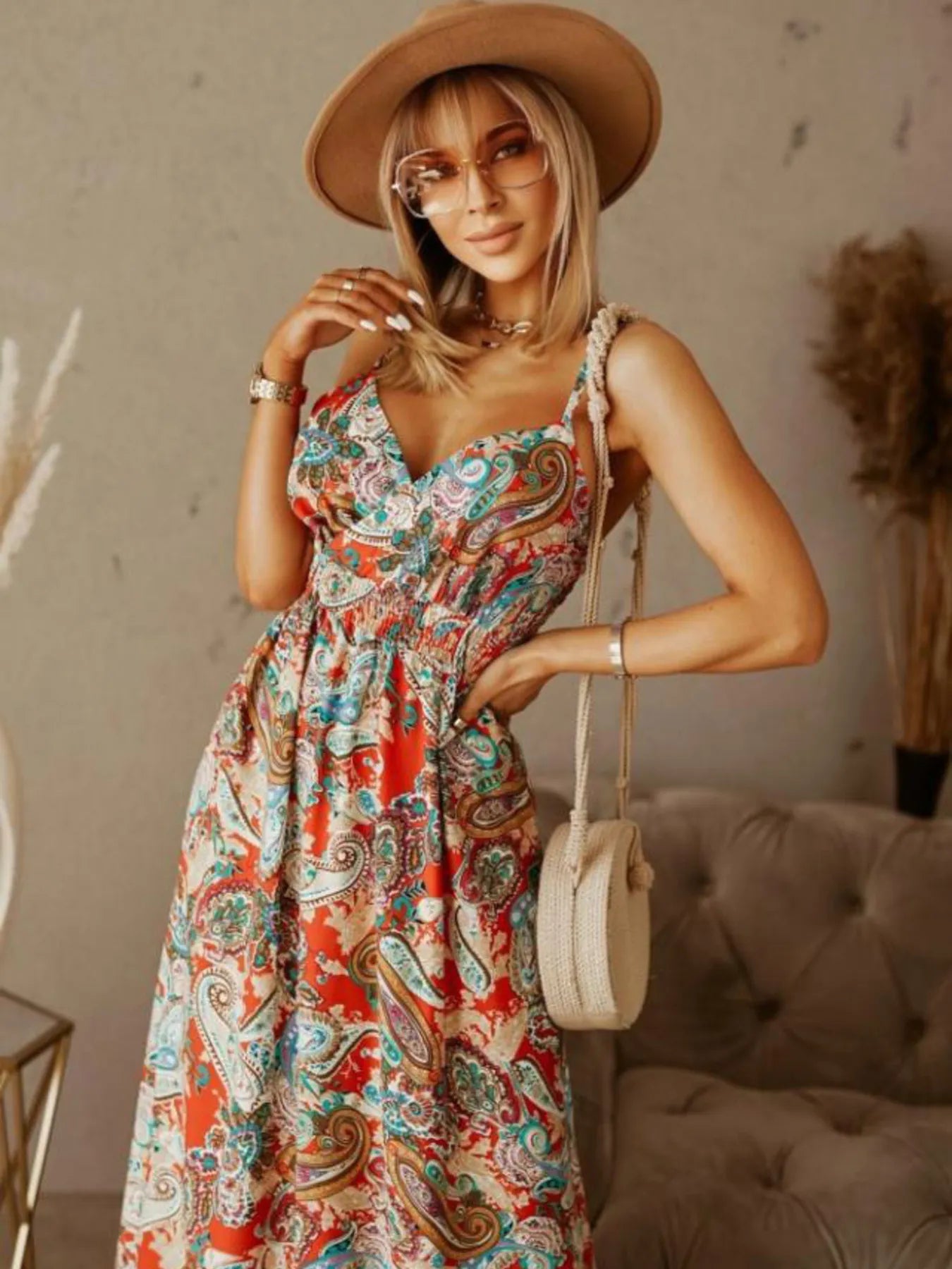 Full Size Printed Surplice Summer Cami Dress Plus Size - MAD RUFFI