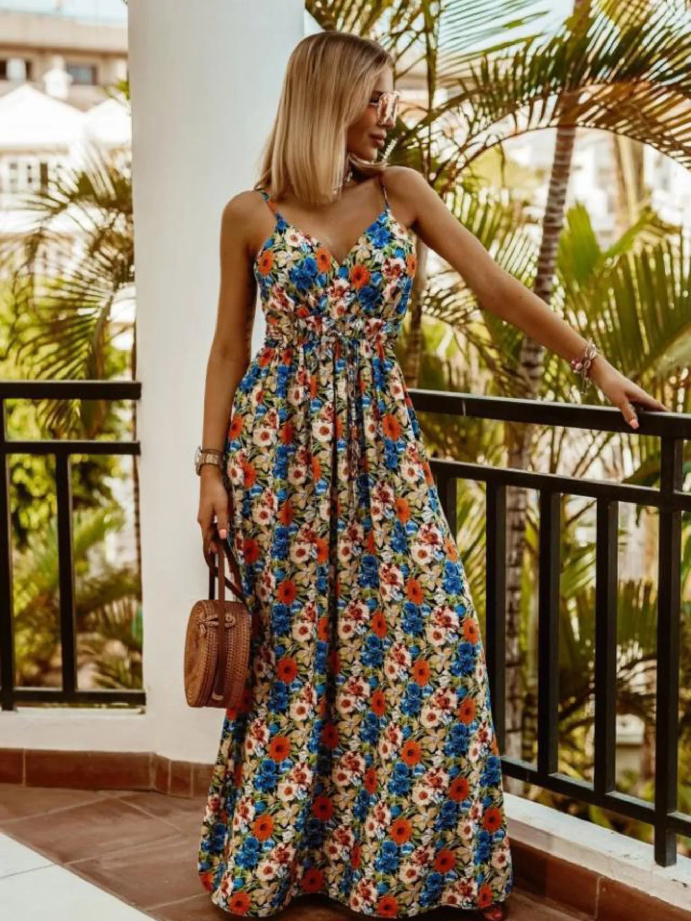 Full Size Printed Surplice Summer Cami Dress Plus Size - MAD RUFFI