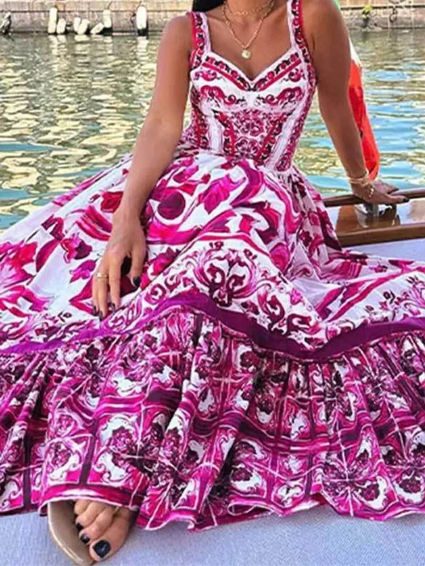 Full Size Printed Sweetheart Neck Maxi Cami Dress Plus Size - MAD RUFFI