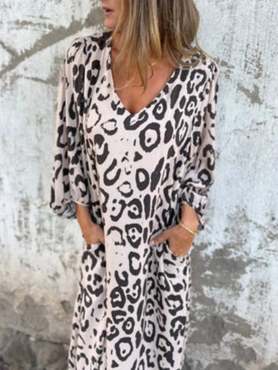 Full Size Printed V - Neck Dress with Pockets Plus Size - MAD RUFFI