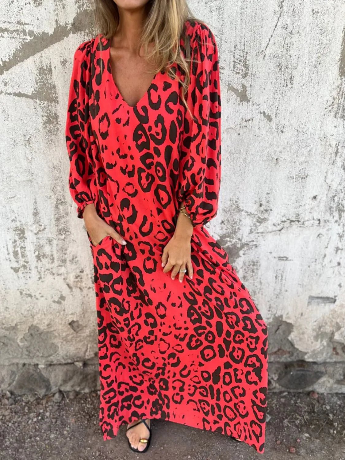 Full Size Printed V - Neck Dress with Pockets Plus Size - MAD RUFFI