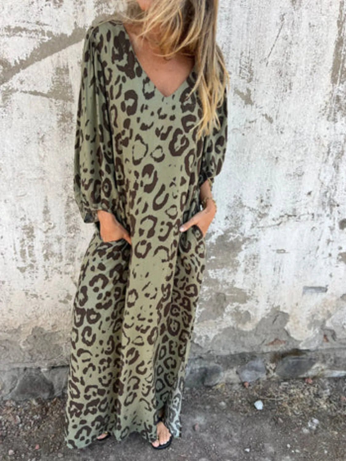 Full Size Printed V - Neck Dress with Pockets Plus Size - MAD RUFFI