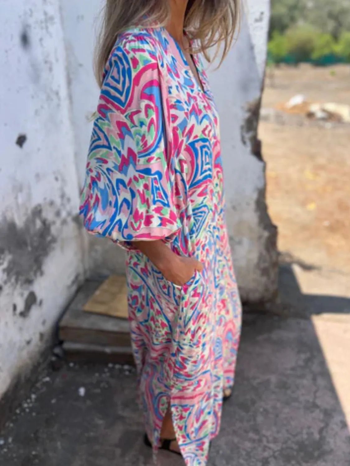 Full Size Printed V - Neck Dress with Pockets Plus Size - MAD RUFFI