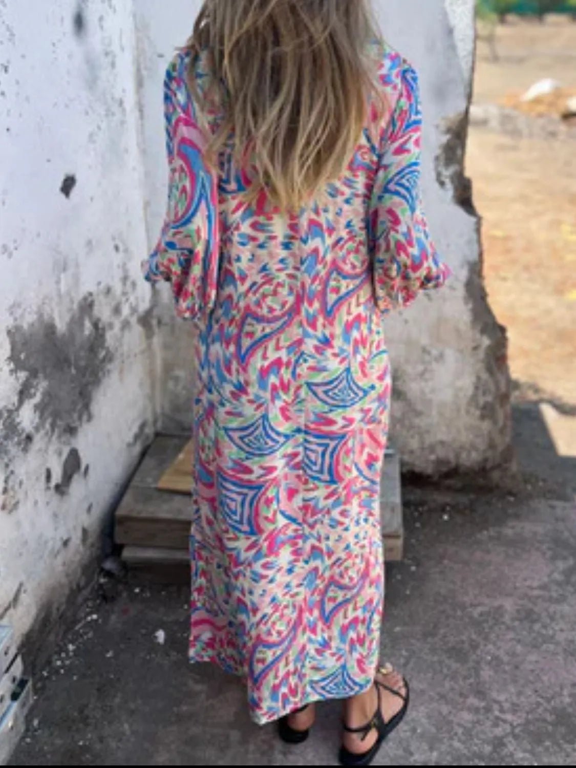 Full Size Printed V - Neck Dress with Pockets Plus Size - MAD RUFFI