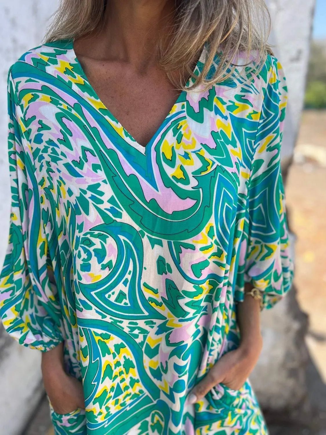 Full Size Printed V - Neck Dress with Pockets Plus Size - MAD RUFFI