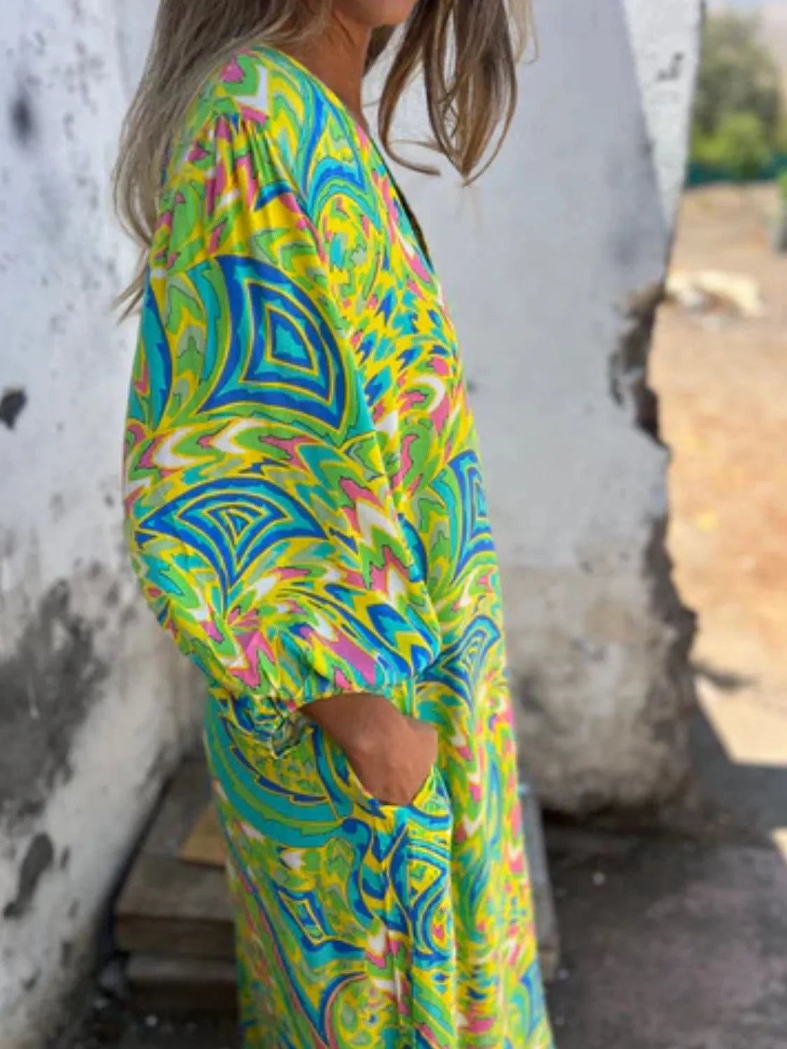 Full Size Printed V - Neck Dress with Pockets Plus Size - MAD RUFFI