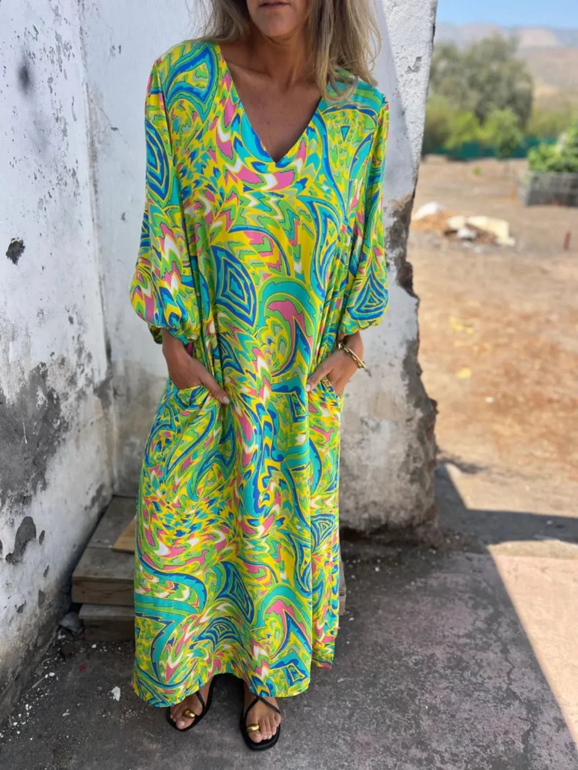 Full Size Printed V - Neck Dress with Pockets Plus Size - MAD RUFFI