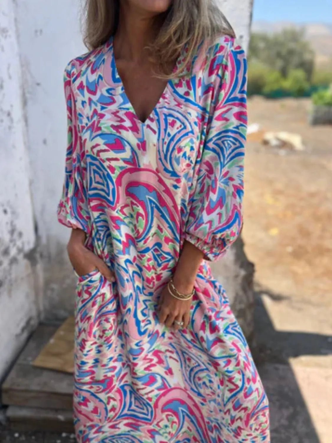 Full Size Printed V - Neck Dress with Pockets Plus Size - MAD RUFFI