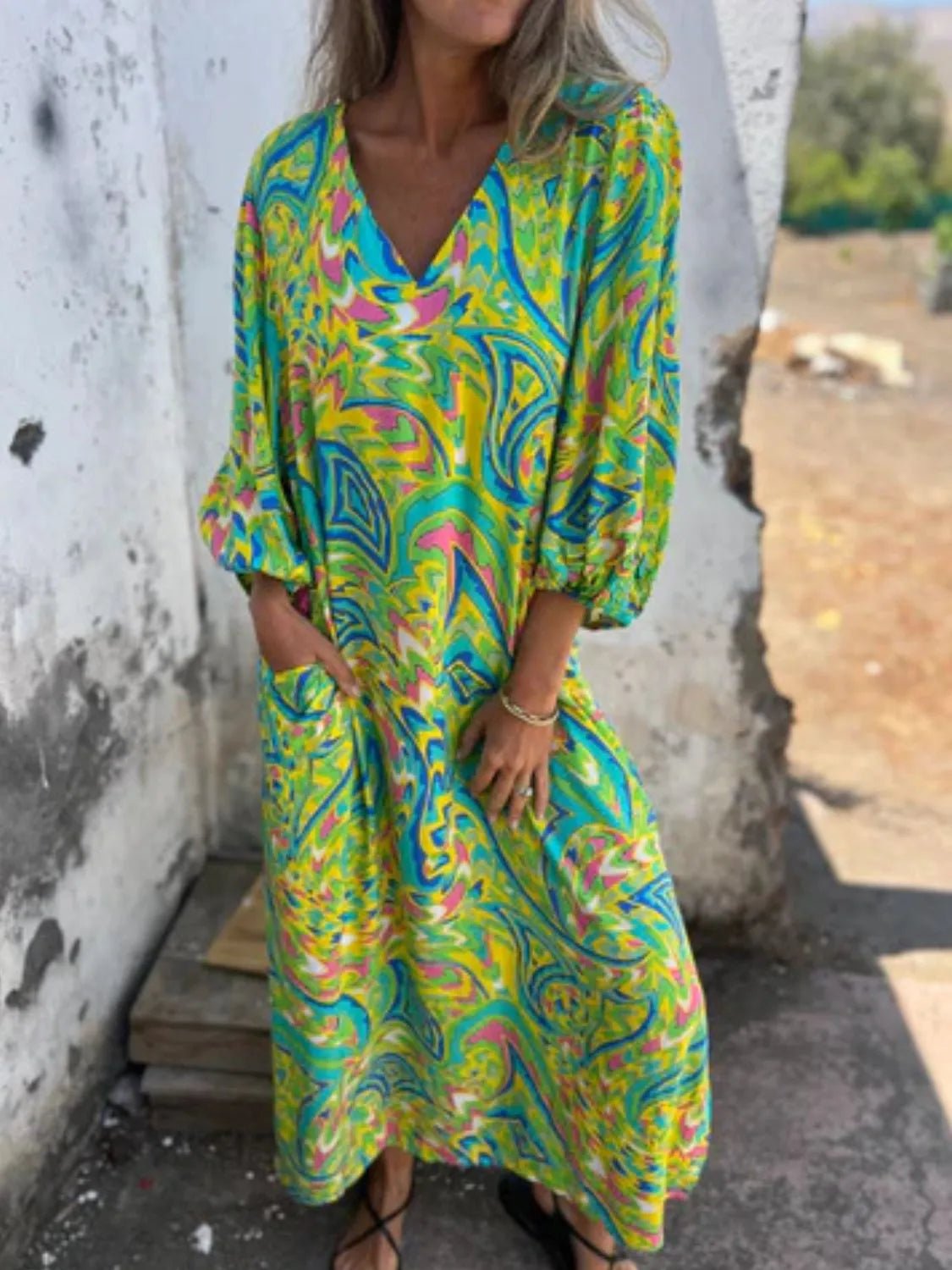 Full Size Printed V - Neck Dress with Pockets Plus Size - MAD RUFFI