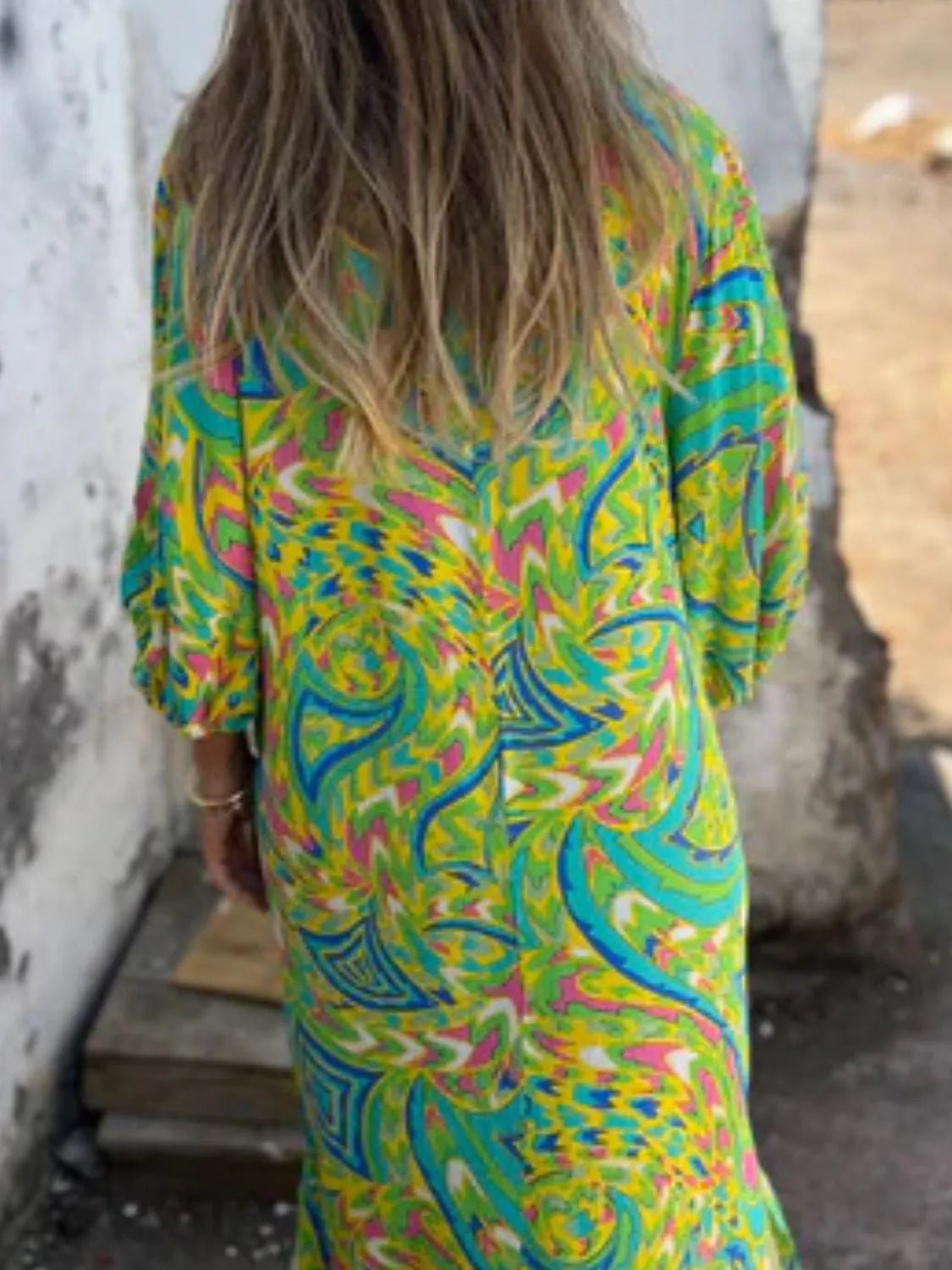 Full Size Printed V - Neck Dress with Pockets Plus Size - MAD RUFFI