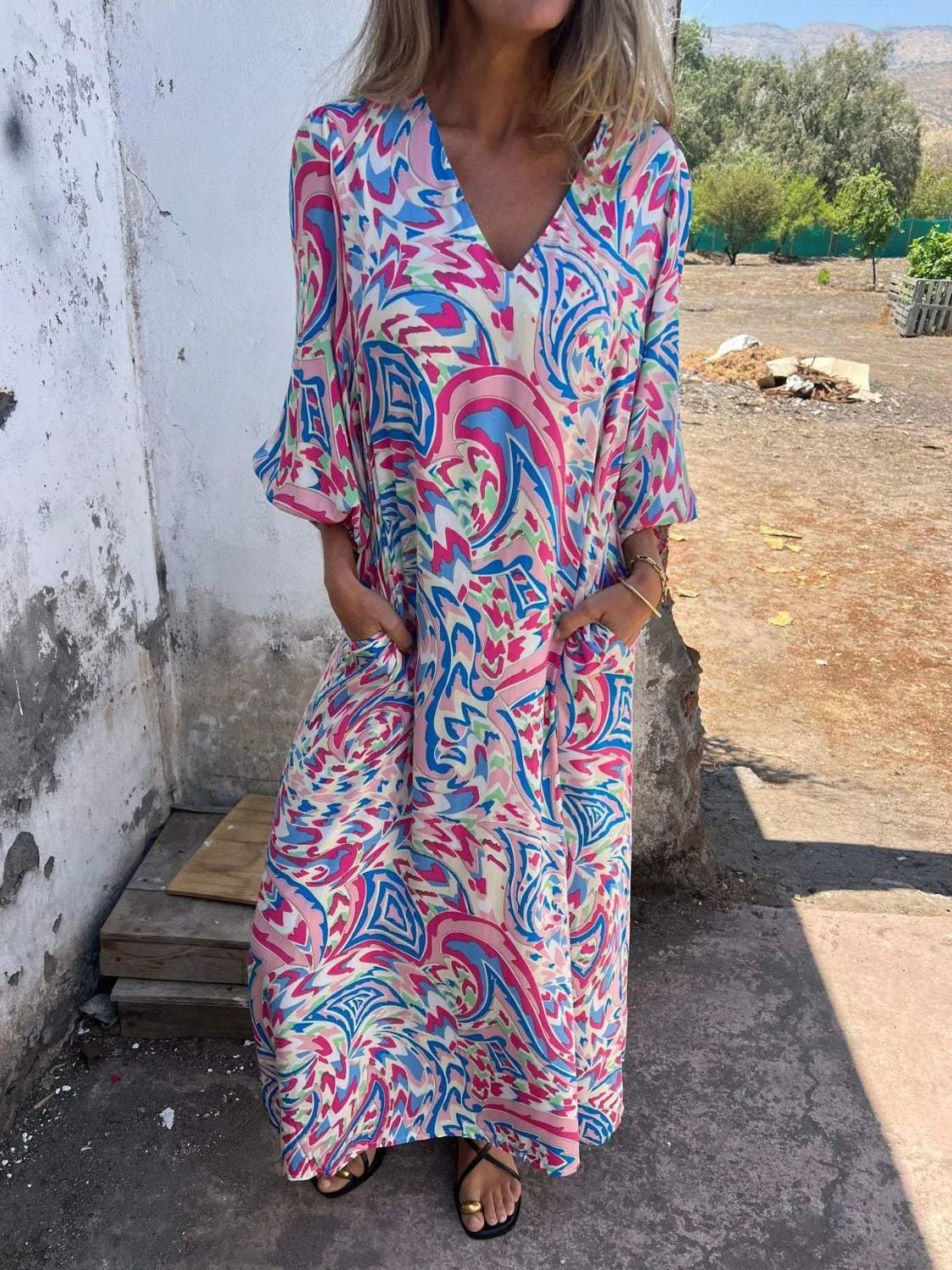 Full Size Printed V - Neck Dress with Pockets Plus Size - MAD RUFFI