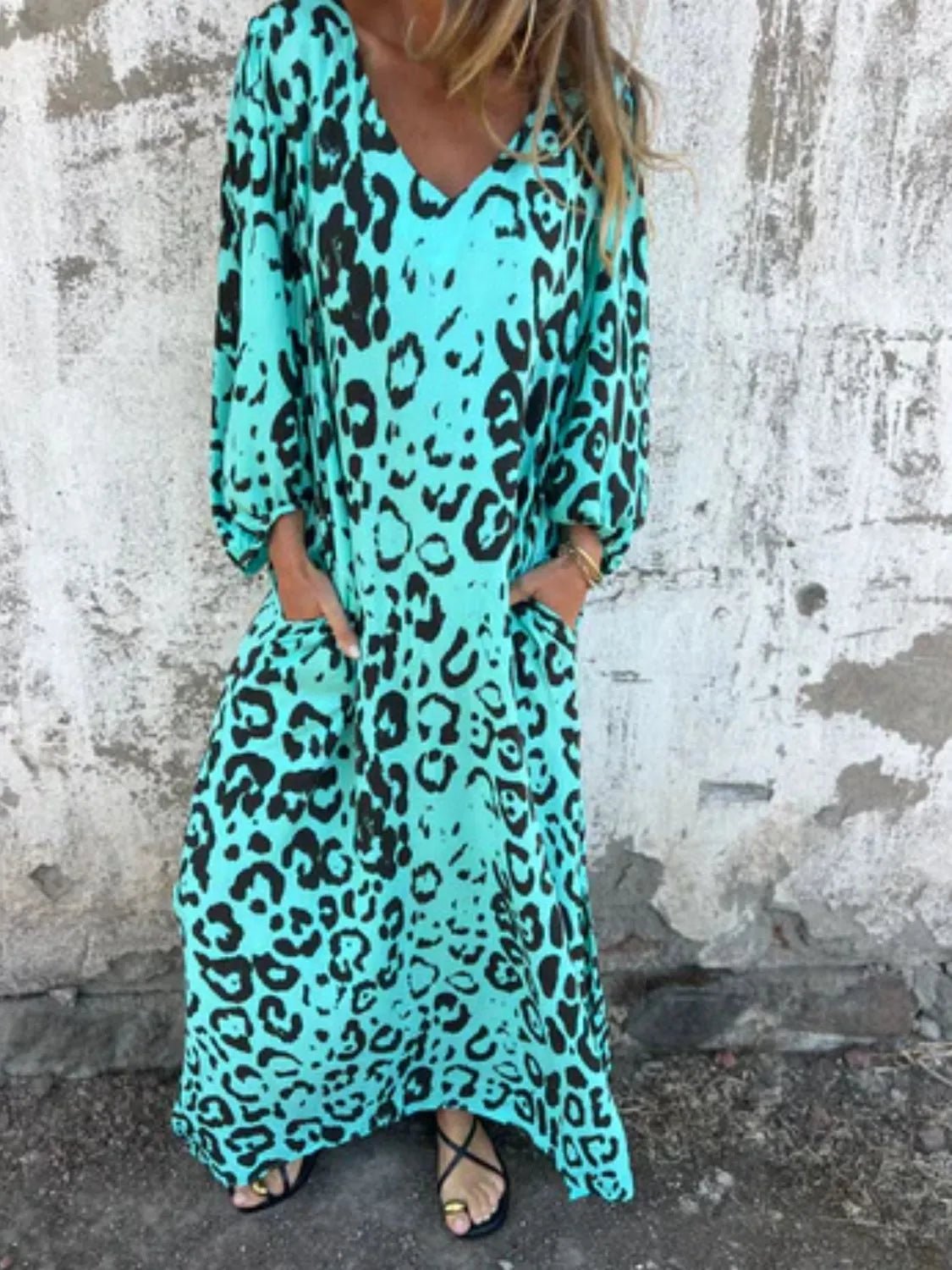 Full Size Printed V - Neck Dress with Pockets Plus Size - MAD RUFFI