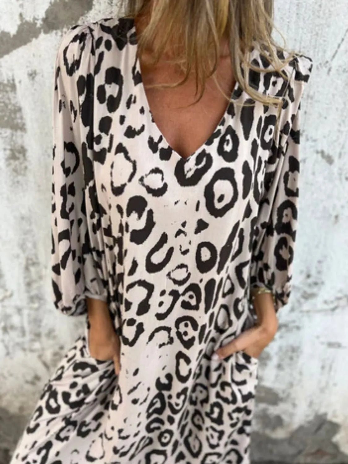 Full Size Printed V - Neck Dress with Pockets Plus Size - MAD RUFFI