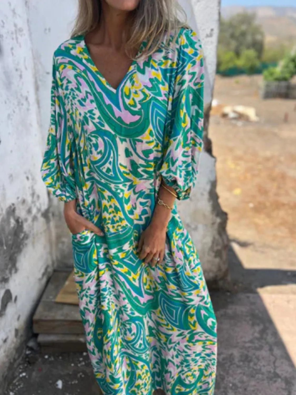 Full Size Printed V - Neck Dress with Pockets Plus Size - MAD RUFFI